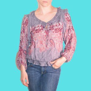 FREE PEOPLE Paisley Lilac Boho Blouse with Ruffles